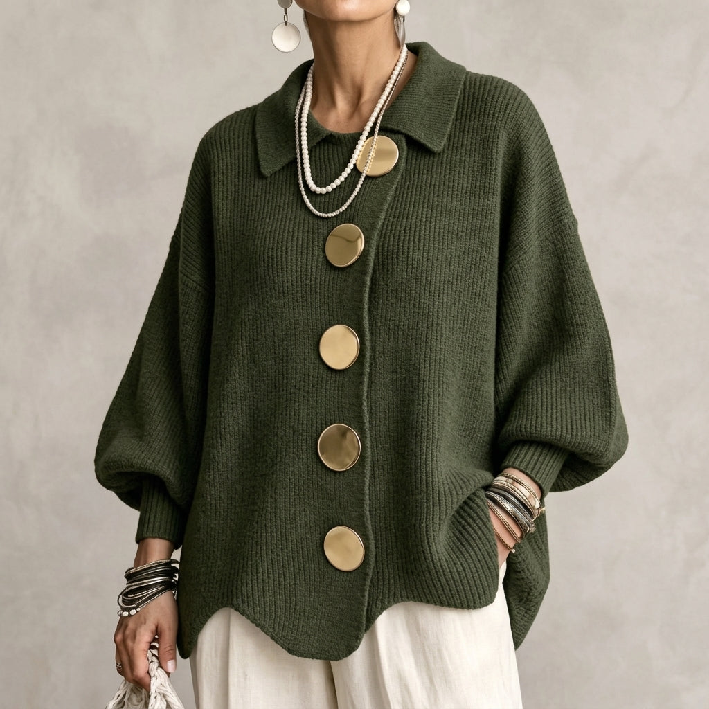 Isadora | Cárdigan Oversize con Cuello y Botones Metálicos Grandes