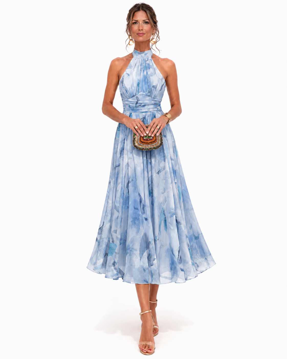 Aurora | Vestido con escote Halter y Estampado Acuarela