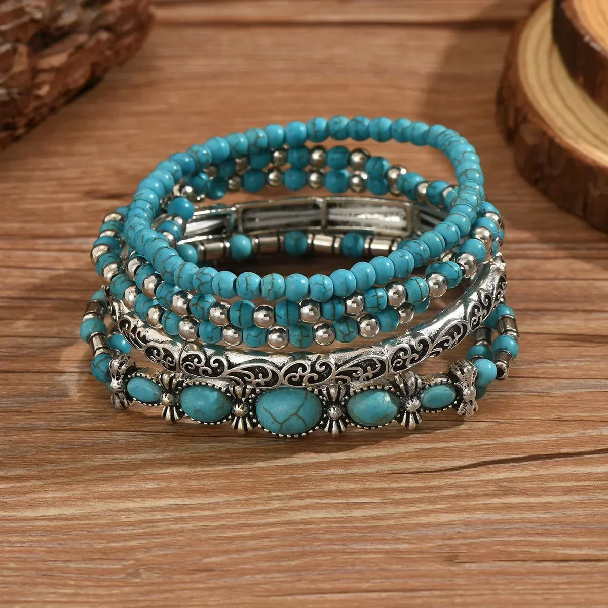 Conjunto de pulseras boho con perlas turquesa