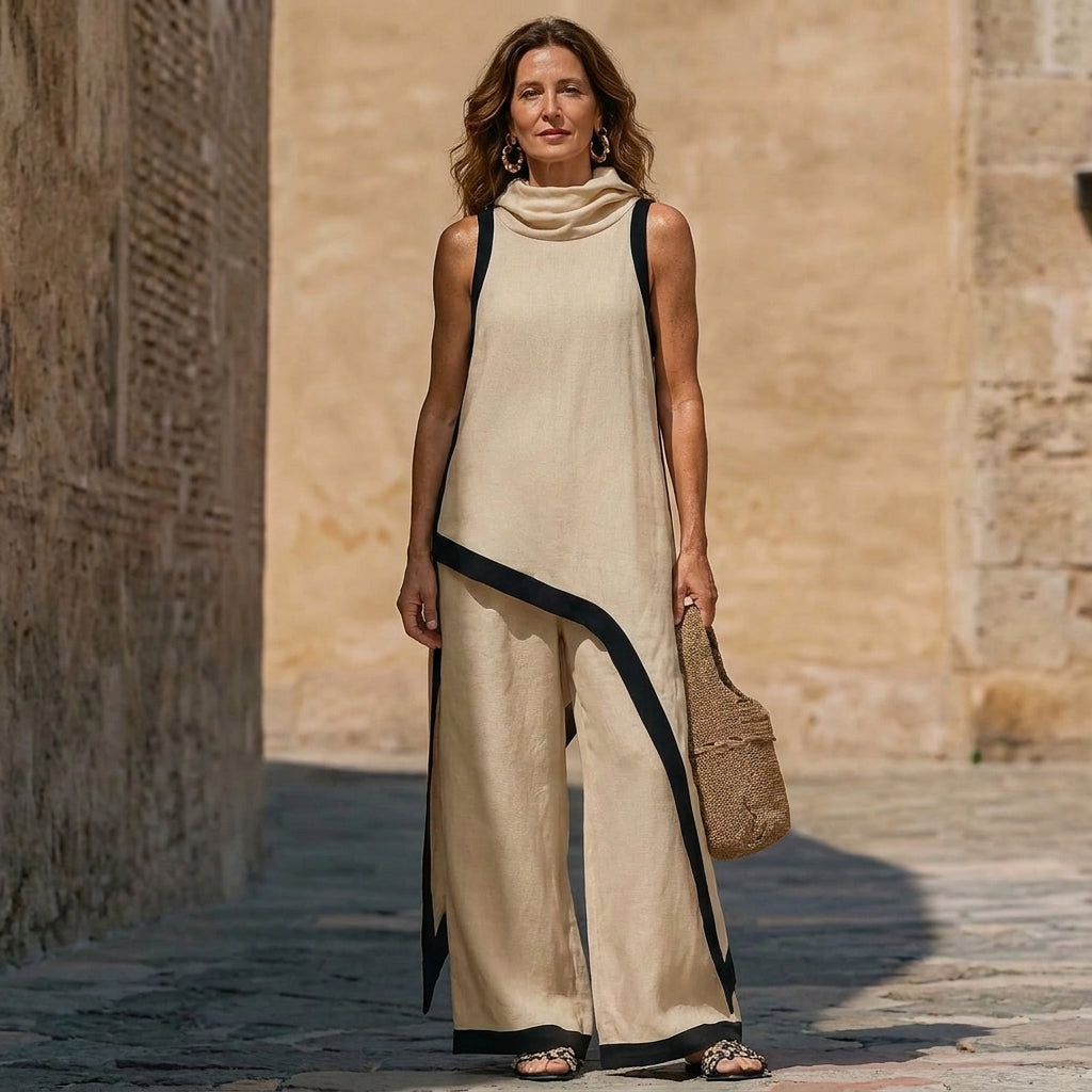 Conjunto Sofía – Top Cuello Alto y Pantalón Ancho con Ribete de Contraste