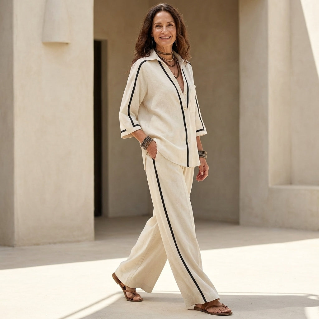 Corinne | Conjunto Camisa y Pantalón con Ribete Contraste