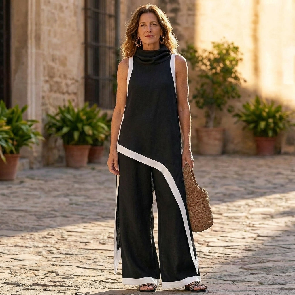 Conjunto Sofía – Top Cuello Alto y Pantalón Ancho con Ribete de Contraste