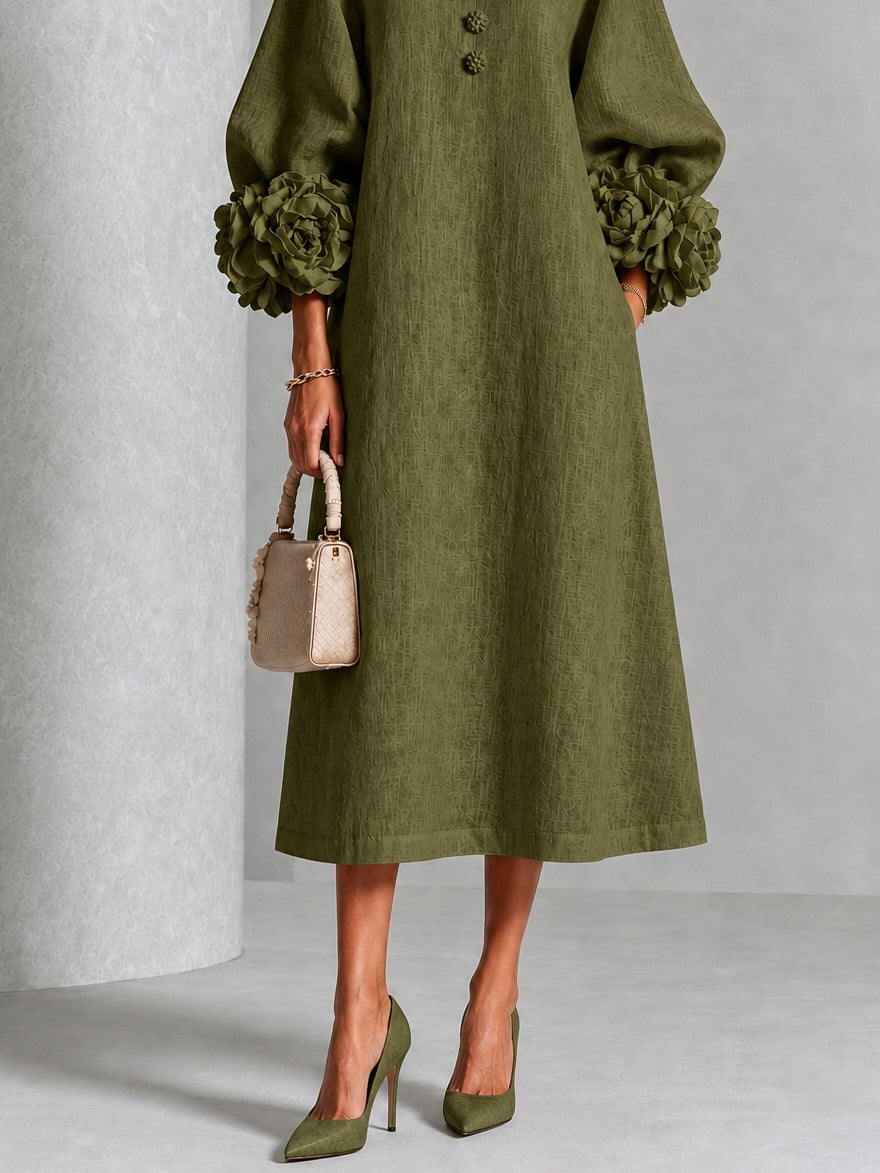 Vestido Midi Oliva con Botones de Flor y Mangas Florales Extravagantes
