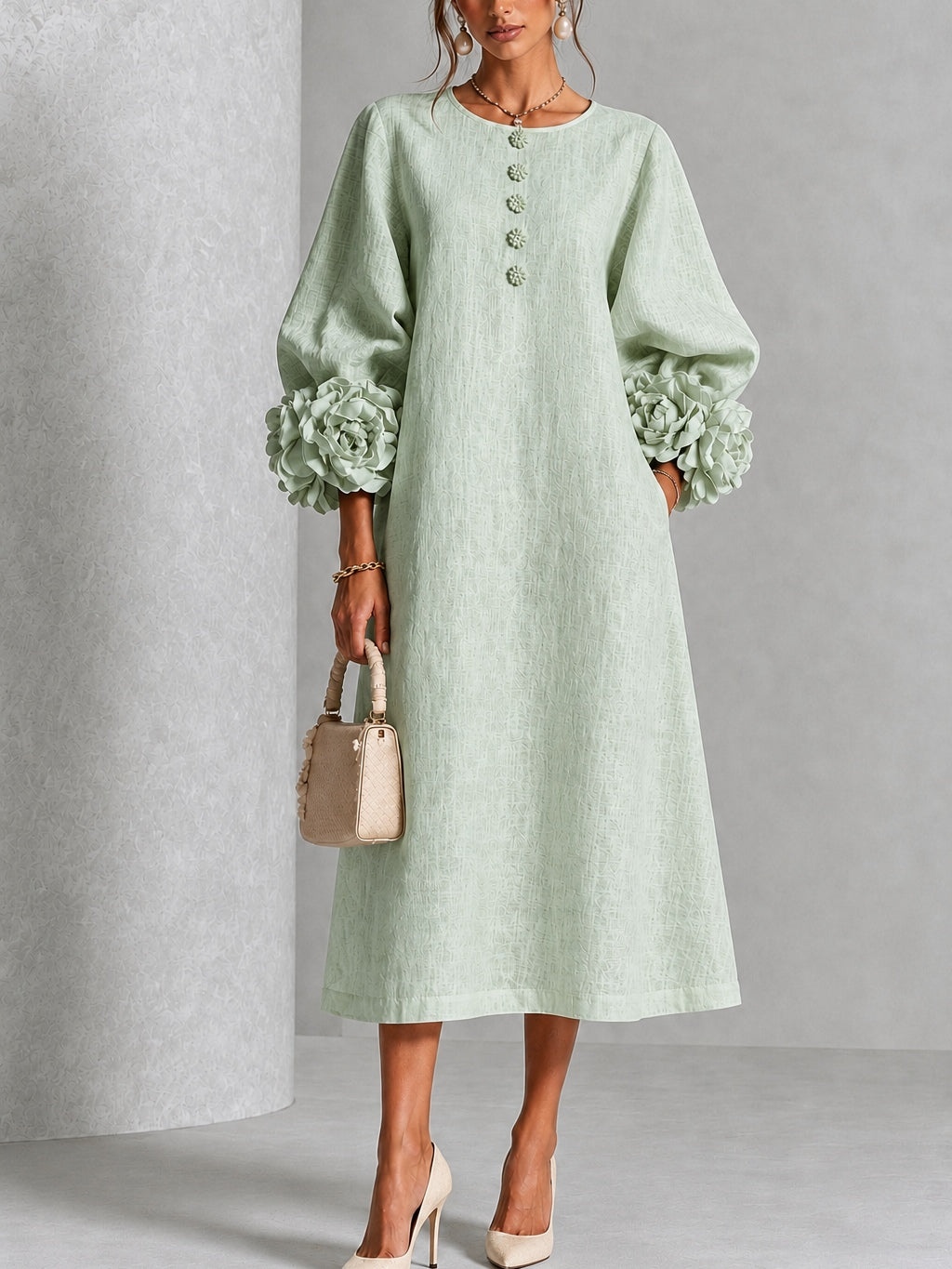 Vestido Midi Salvia Místico con Botones de Flor y Mangas Florales Extravagantes