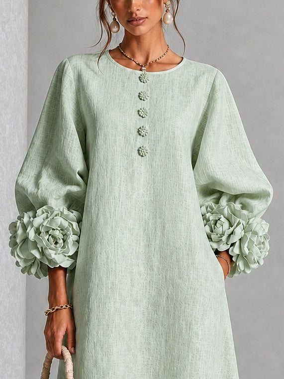 Vestido Midi Salvia Místico con Botones de Flor y Mangas Florales Extravagantes