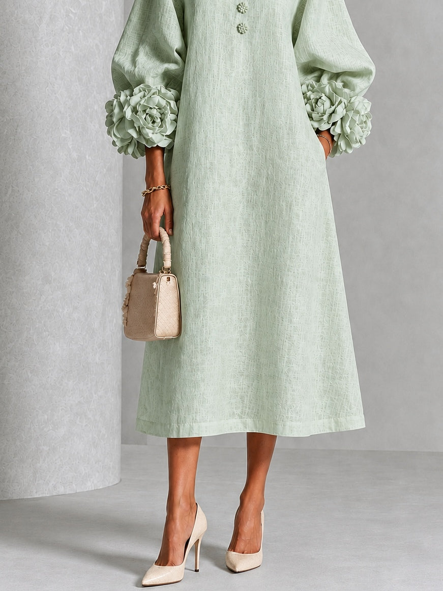 Vestido Midi Salvia Místico con Botones de Flor y Mangas Florales Extravagantes