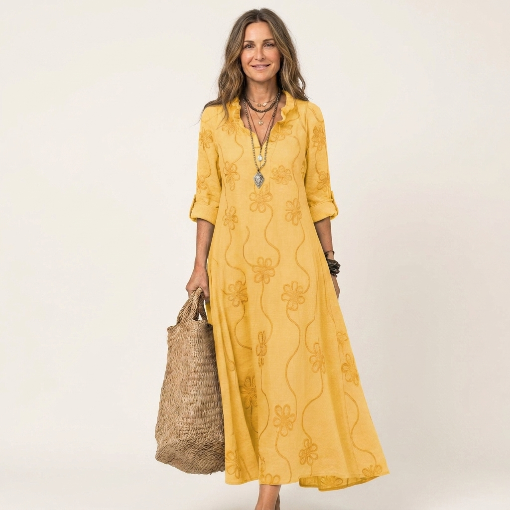 Vestido Maxi Bordado de Algodón-Lino