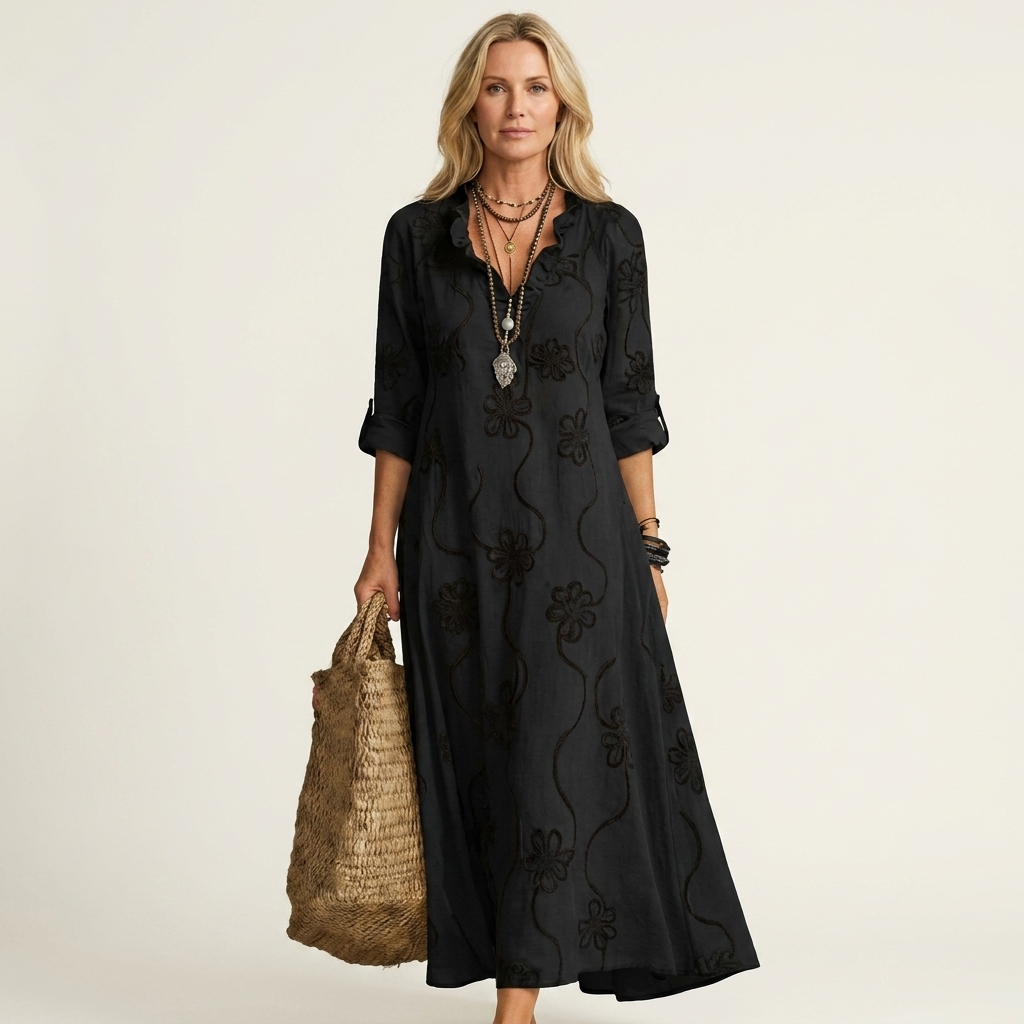 Vestido Maxi Bordado de Algodón-Lino