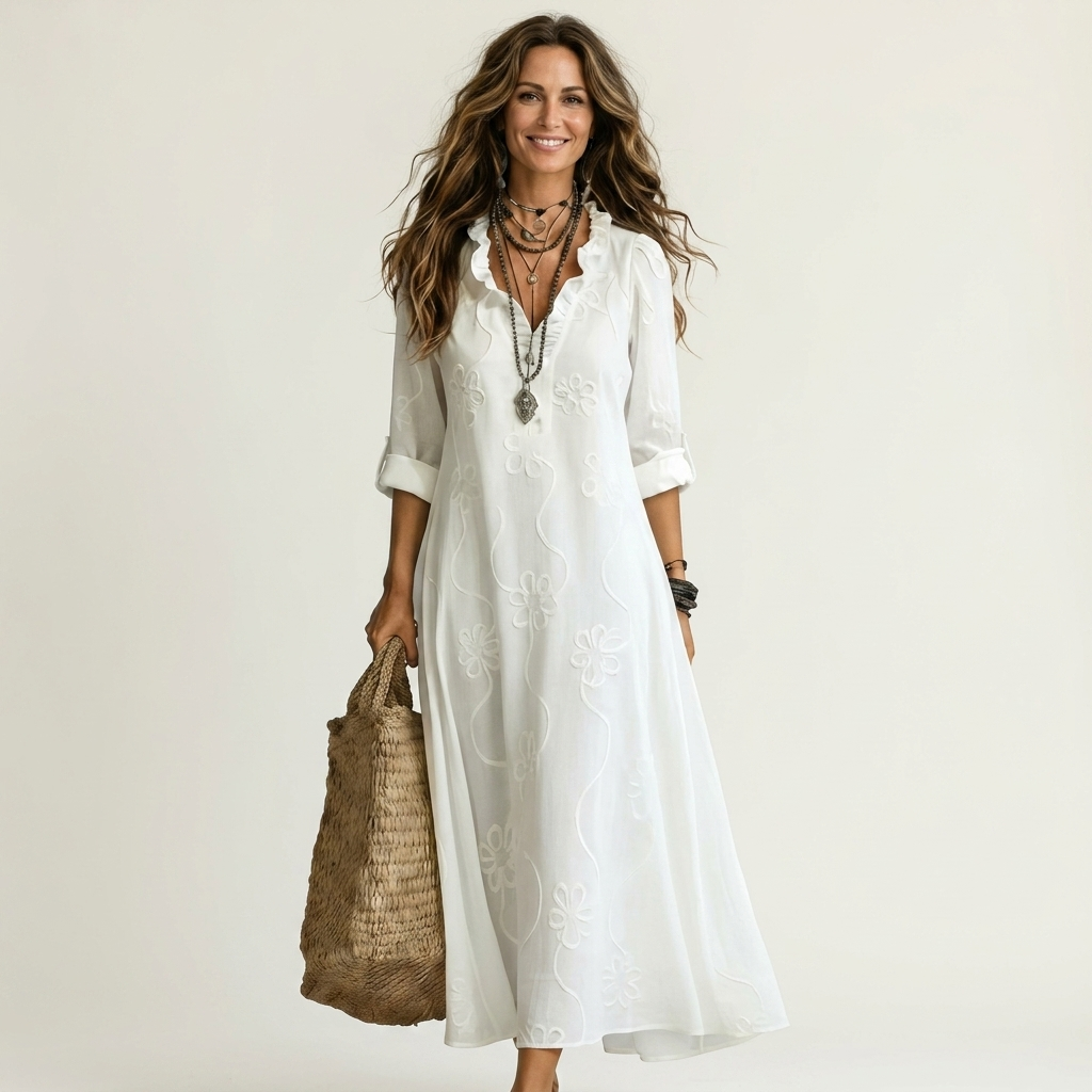 Vestido Maxi Bordado de Algodón-Lino