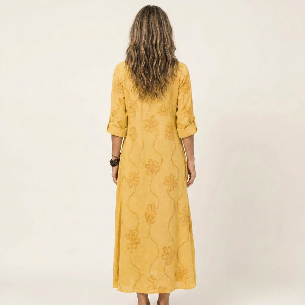 Vestido Maxi Bordado de Algodón-Lino