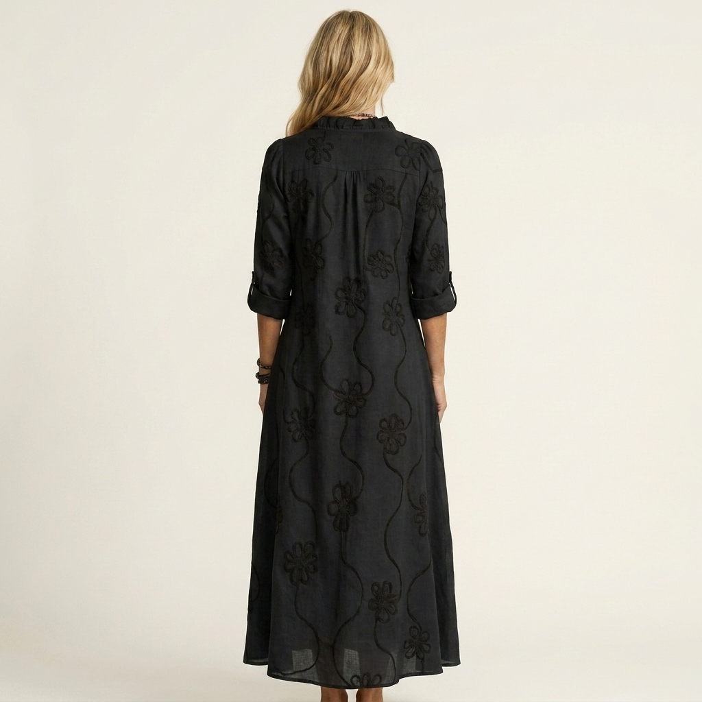 Vestido Maxi Bordado de Algodón-Lino