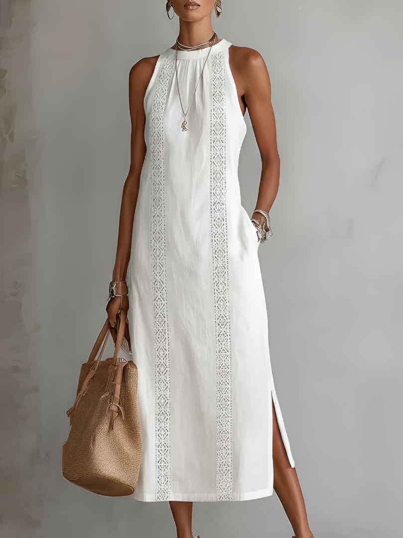 Tatiana | Vestido Midi de Lino con Cuello Mao