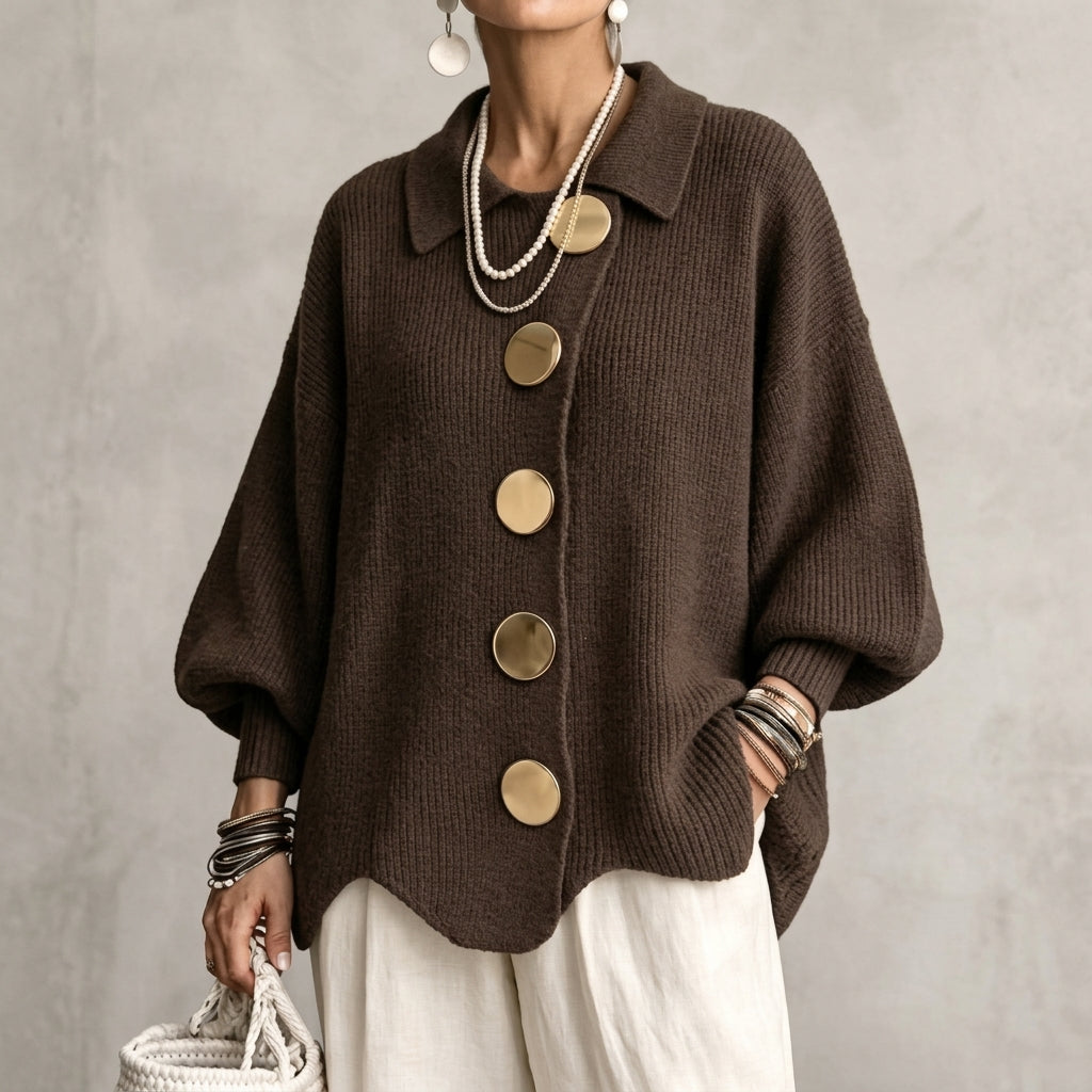 Isadora | Cárdigan Oversize con Cuello y Botones Metálicos Grandes